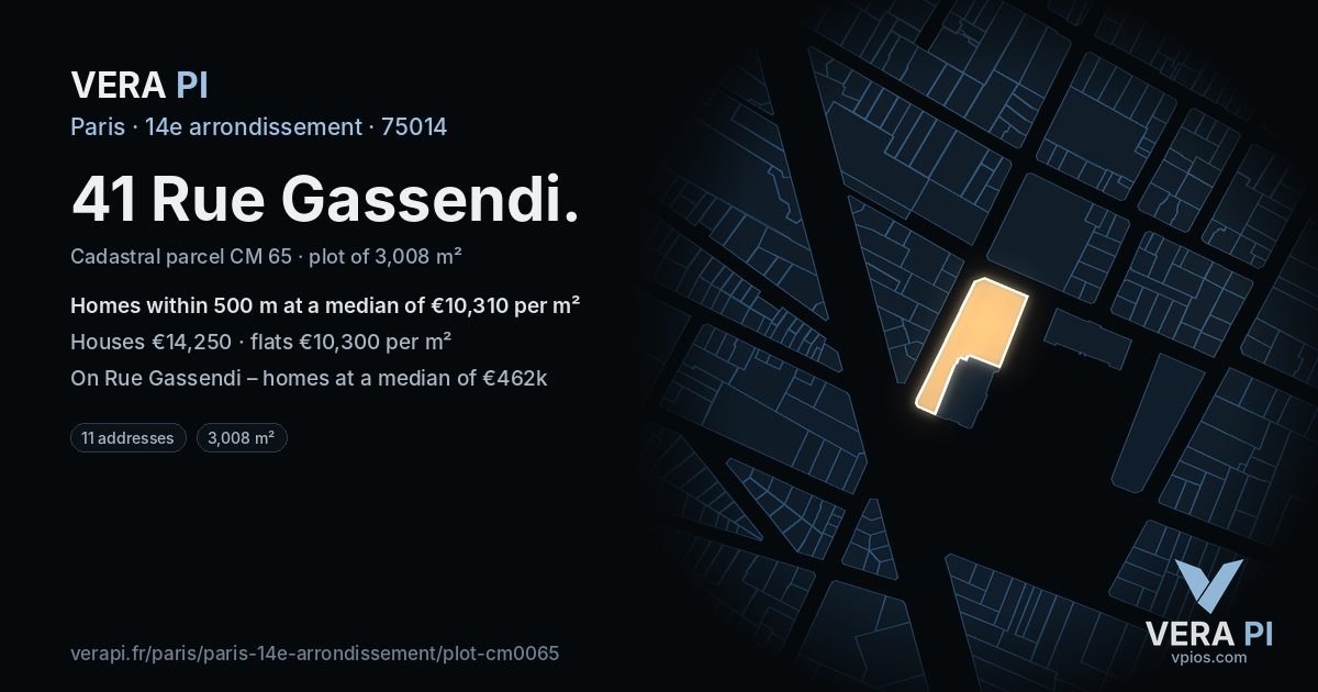 41 Rue Gassendi, 14e arrondissement at night – the plot lit, the parcels around coloured by the prices near them