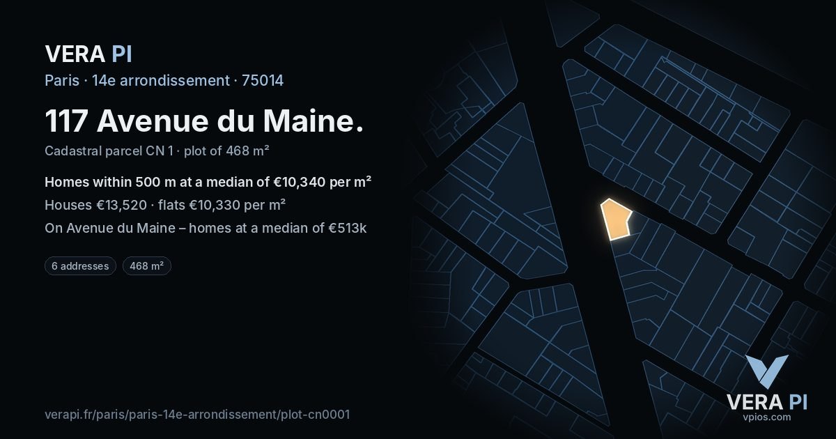 117 Avenue du Maine, 14e arrondissement at night – the plot lit, the parcels around coloured by the prices near them