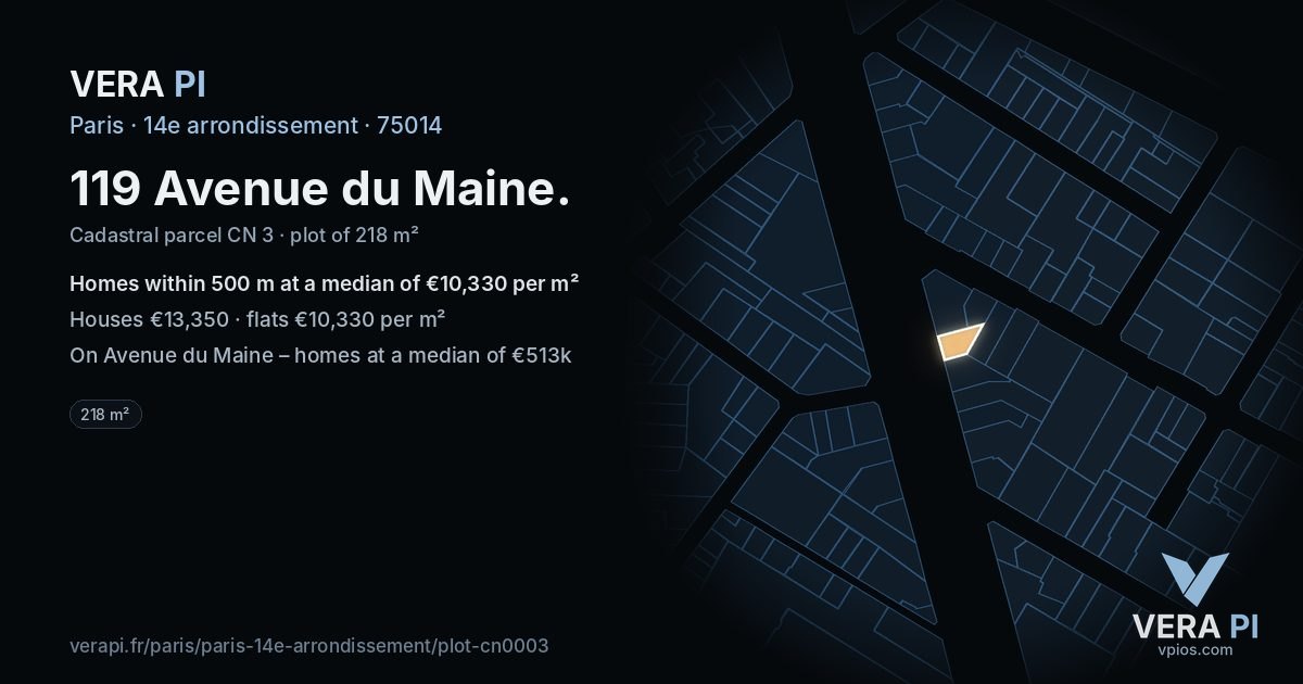 119 Avenue du Maine, 14e arrondissement at night – the plot lit, the parcels around coloured by the prices near them