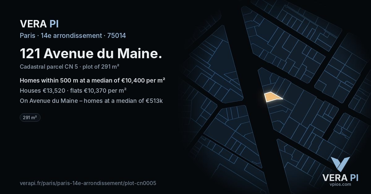 121 Avenue du Maine, 14e arrondissement at night – the plot lit, the parcels around coloured by the prices near them