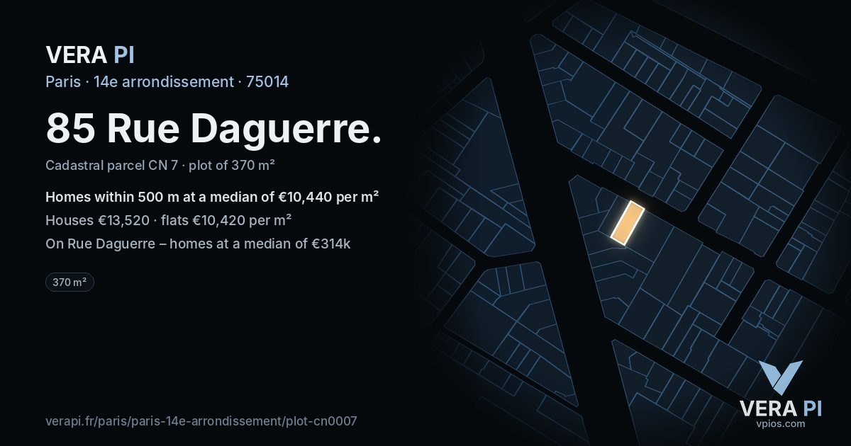 85 Rue Daguerre, 14e arrondissement at night – the plot lit, the parcels around coloured by the prices near them