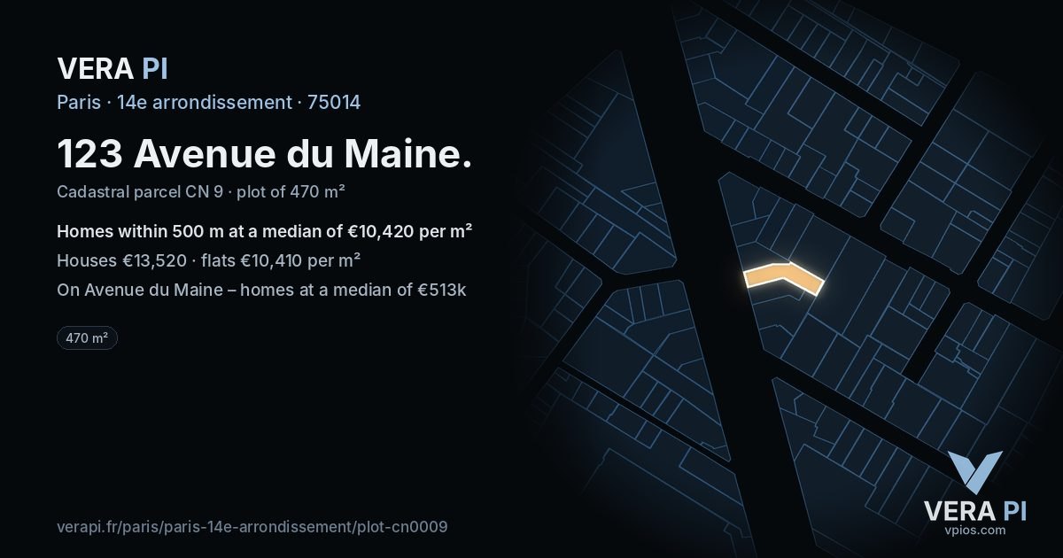 123 Avenue du Maine, 14e arrondissement at night – the plot lit, the parcels around coloured by the prices near them