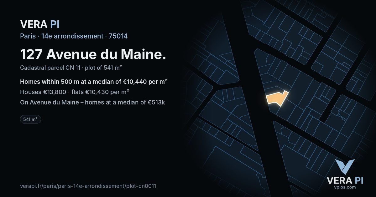 127 Avenue du Maine, 14e arrondissement at night – the plot lit, the parcels around coloured by the prices near them