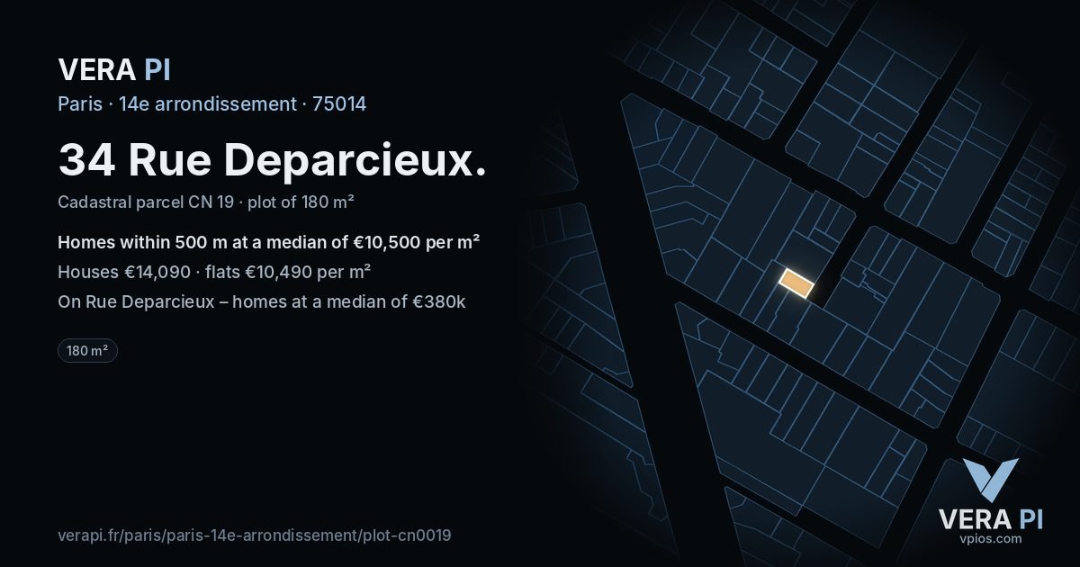 34 Rue Deparcieux, 14e arrondissement at night – the plot lit, the parcels around coloured by the prices near them