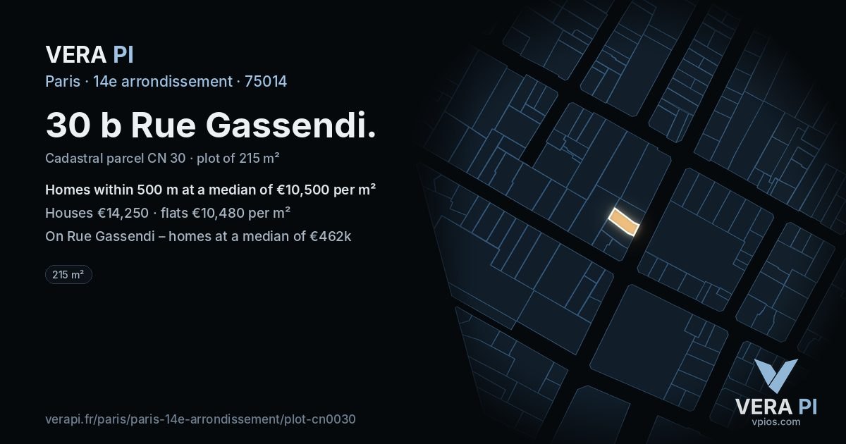 30 b Rue Gassendi, 14e arrondissement at night – the plot lit, the parcels around coloured by the prices near them