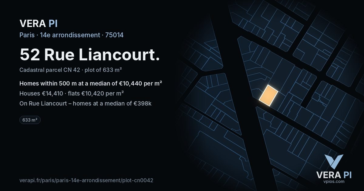 52 Rue Liancourt, 14e arrondissement at night – the plot lit, the parcels around coloured by the prices near them