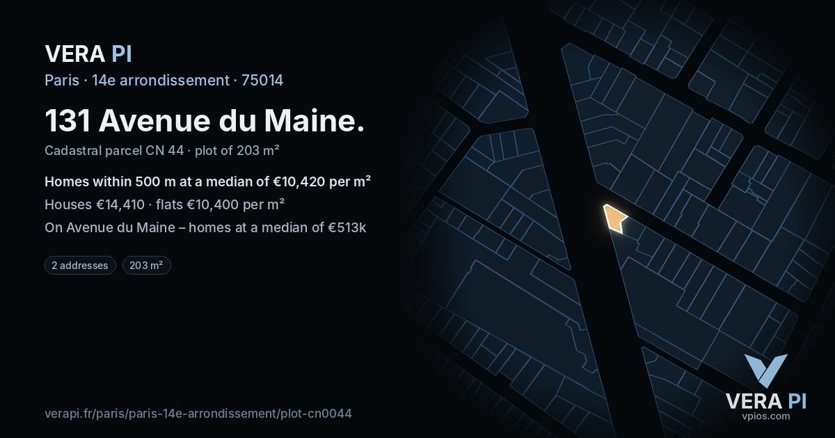 131 Avenue du Maine, 14e arrondissement at night – the plot lit, the parcels around coloured by the prices near them