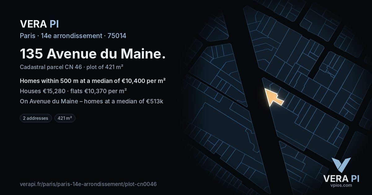 135 Avenue du Maine, 14e arrondissement at night – the plot lit, the parcels around coloured by the prices near them