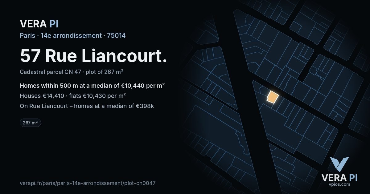 57 Rue Liancourt, 14e arrondissement at night – the plot lit, the parcels around coloured by the prices near them
