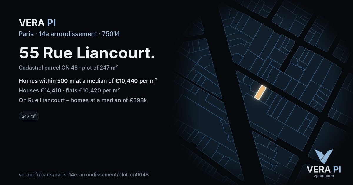55 Rue Liancourt, 14e arrondissement at night – the plot lit, the parcels around coloured by the prices near them