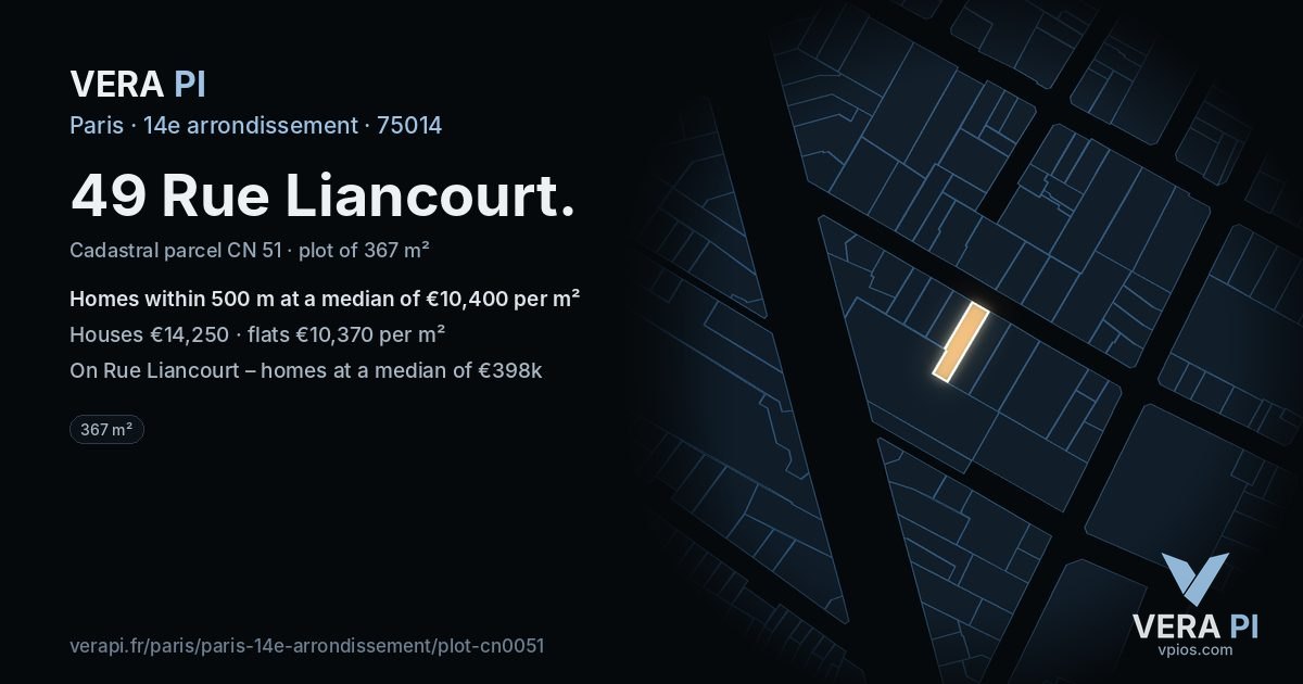 49 Rue Liancourt, 14e arrondissement at night – the plot lit, the parcels around coloured by the prices near them