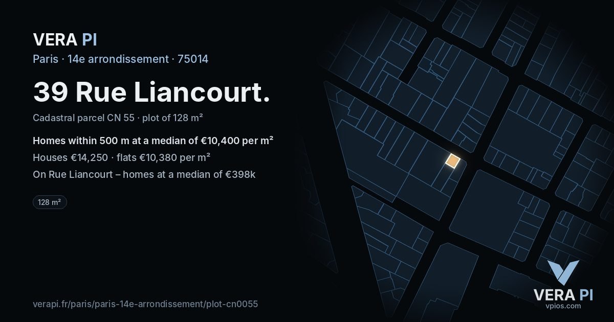 39 Rue Liancourt, 14e arrondissement at night – the plot lit, the parcels around coloured by the prices near them