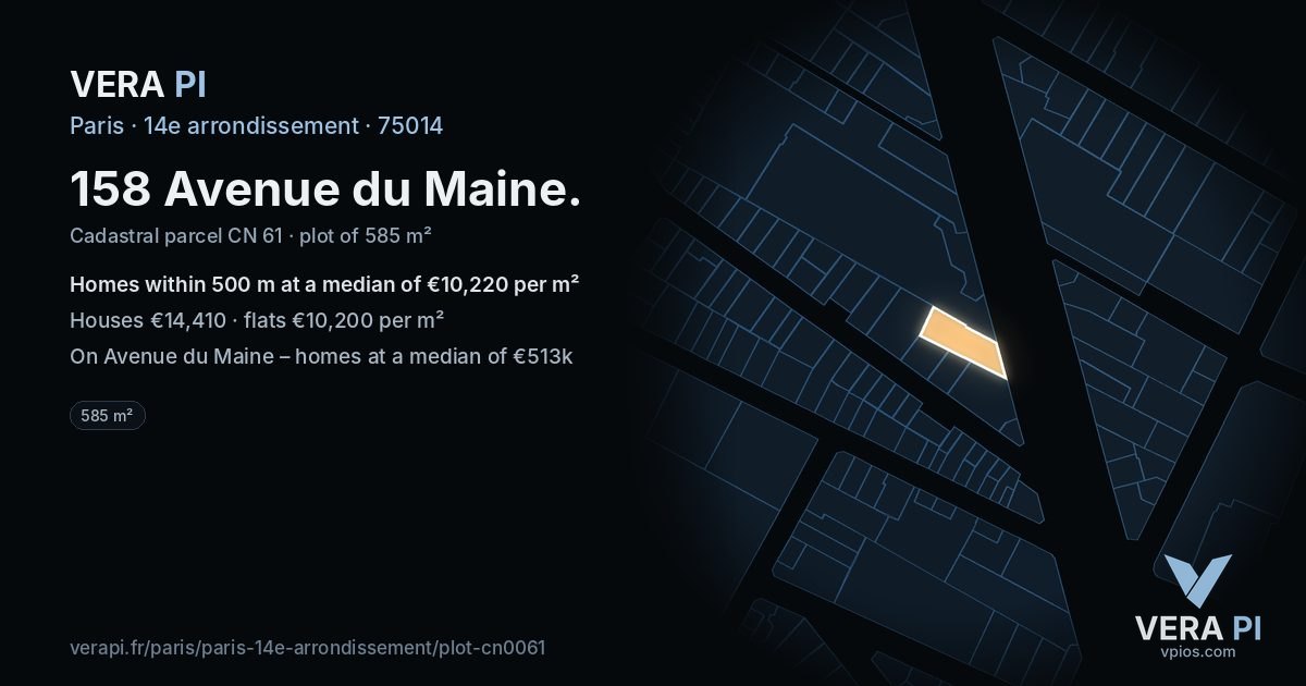 158 Avenue du Maine, 14e arrondissement at night – the plot lit, the parcels around coloured by the prices near them