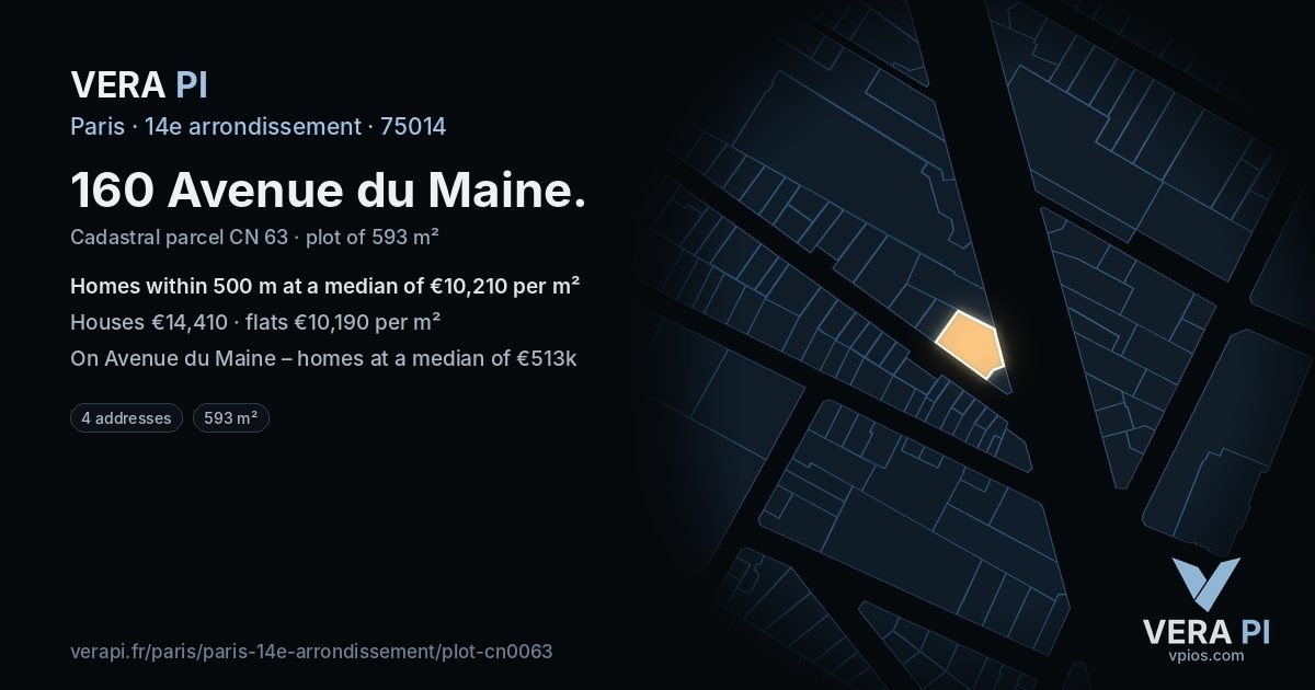 160 Avenue du Maine, 14e arrondissement at night – the plot lit, the parcels around coloured by the prices near them