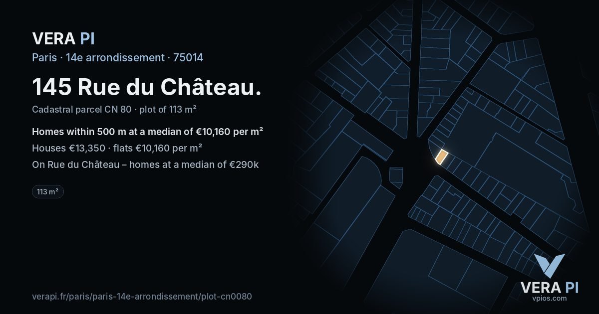145 Rue du Château, 14e arrondissement at night – the plot lit, the parcels around coloured by the prices near them