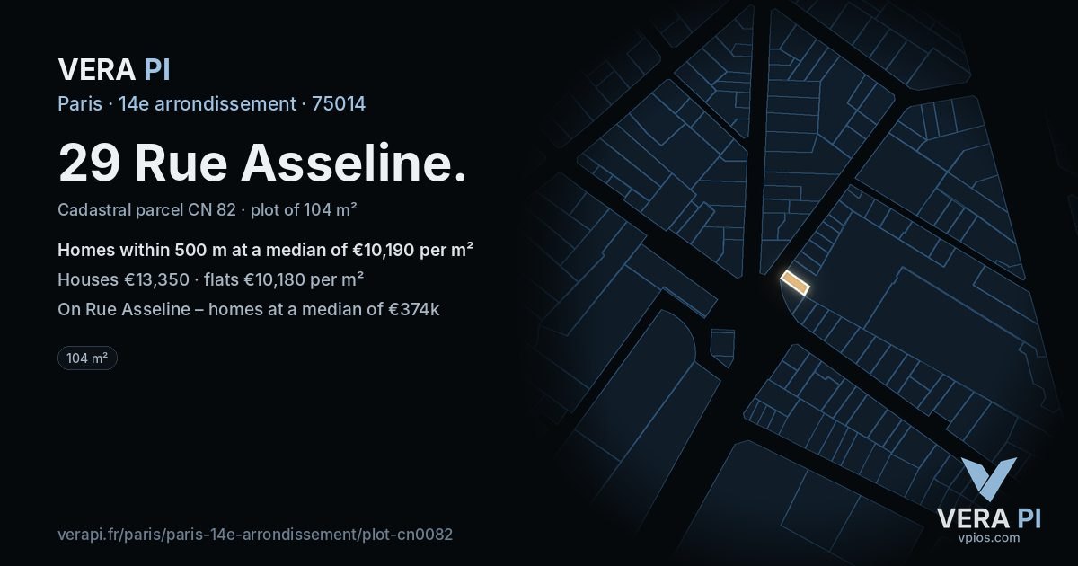29 Rue Asseline, 14e arrondissement at night – the plot lit, the parcels around coloured by the prices near them