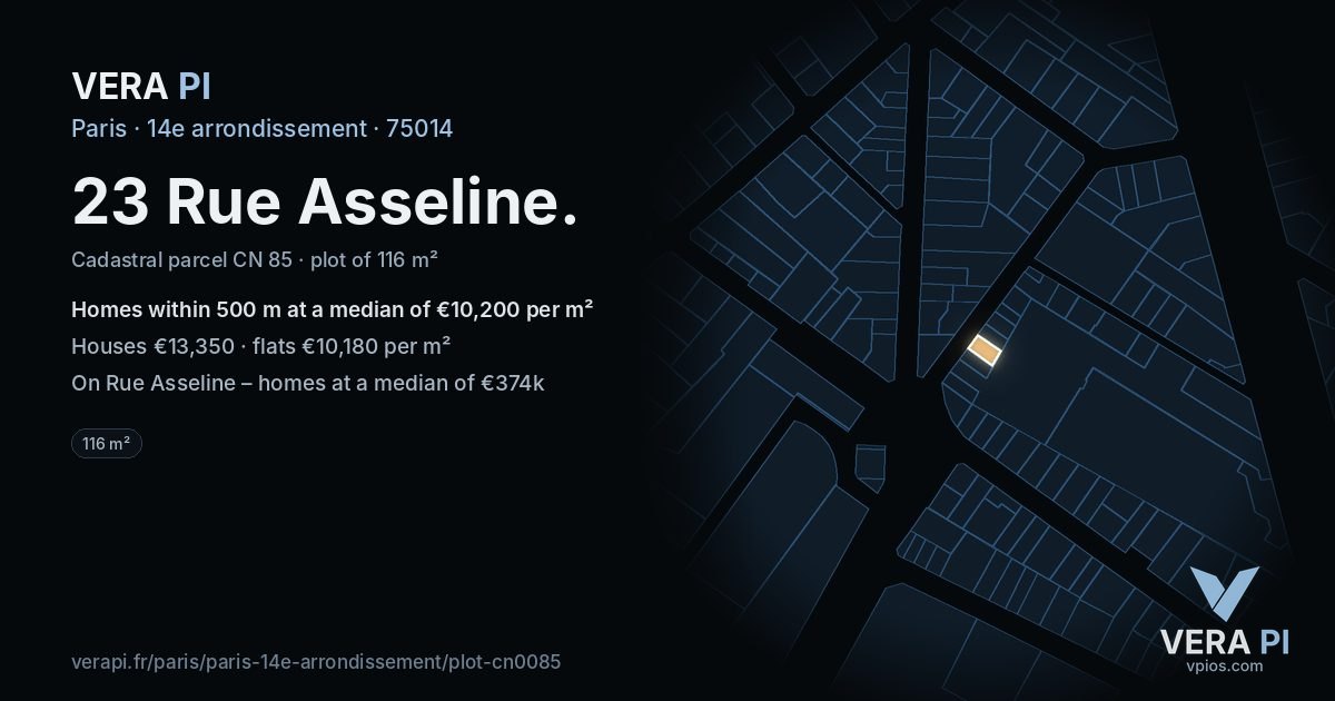 23 Rue Asseline, 14e arrondissement at night – the plot lit, the parcels around coloured by the prices near them