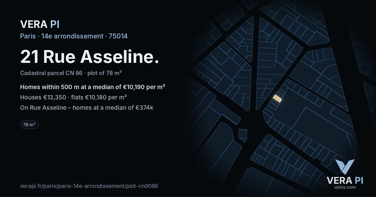 21 Rue Asseline, 14e arrondissement at night – the plot lit, the parcels around coloured by the prices near them