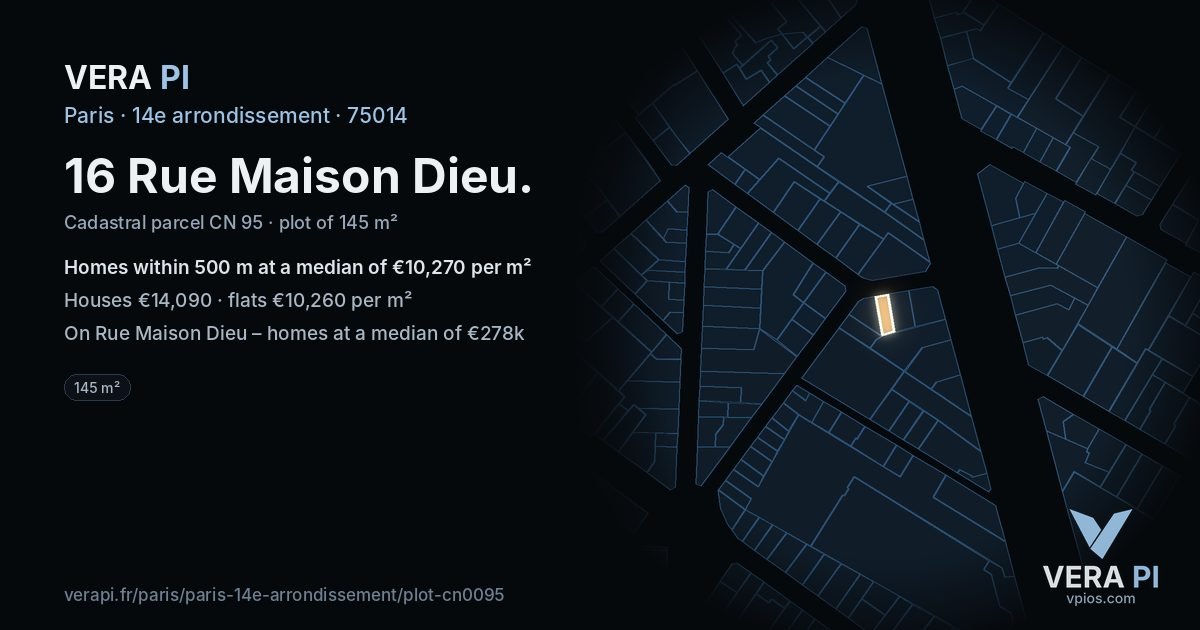 16 Rue Maison Dieu, 14e arrondissement at night – the plot lit, the parcels around coloured by the prices near them