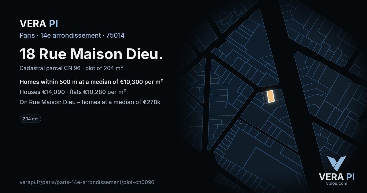 18 Rue Maison Dieu, 14e arrondissement at night – the plot lit, the parcels around coloured by the prices near them