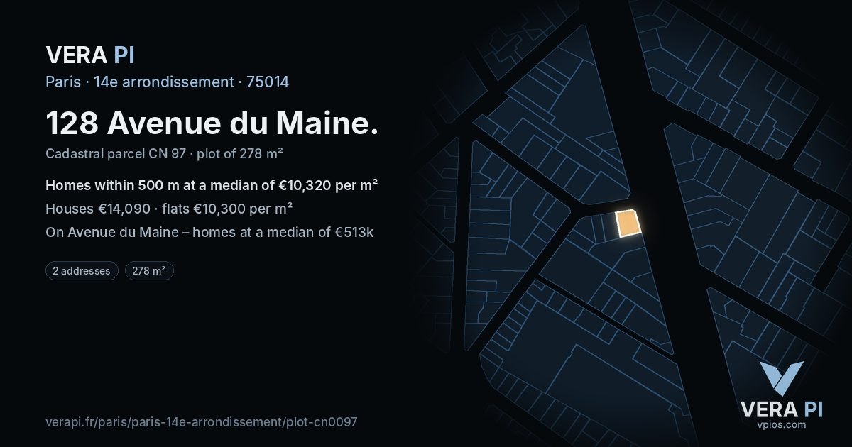 128 Avenue du Maine, 14e arrondissement at night – the plot lit, the parcels around coloured by the prices near them