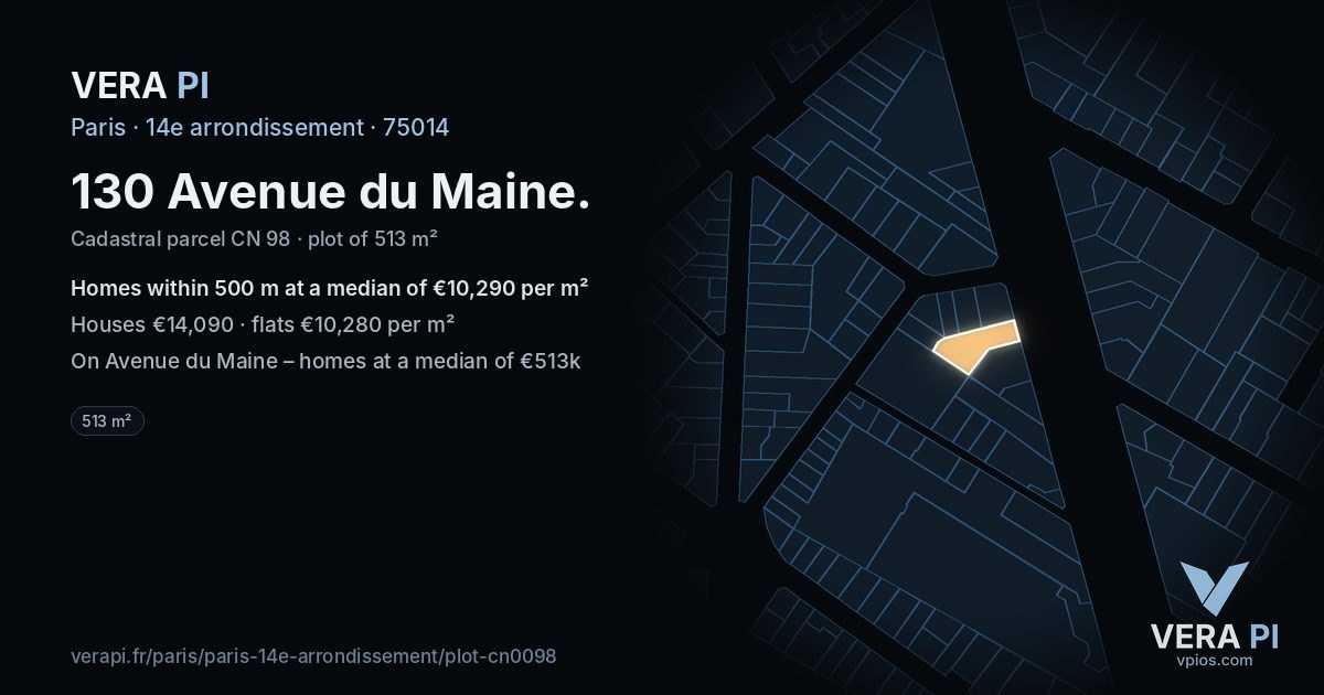 130 Avenue du Maine, 14e arrondissement at night – the plot lit, the parcels around coloured by the prices near them