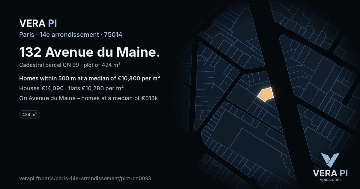 132 Avenue du Maine, 14e arrondissement at night – the plot lit, the parcels around coloured by the prices near them