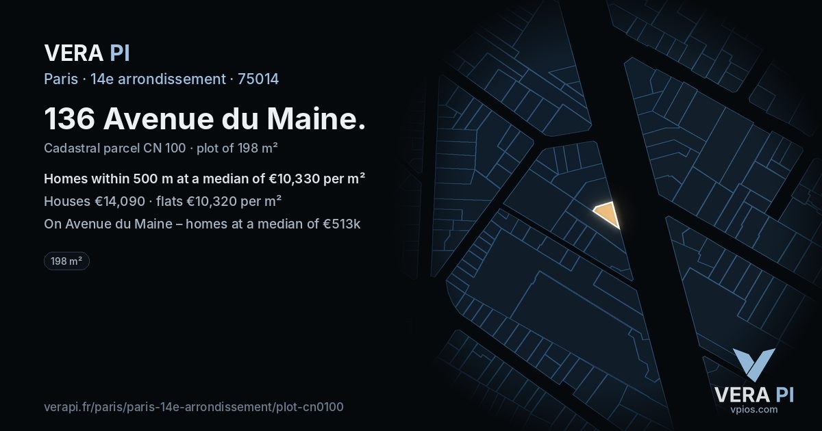 136 Avenue du Maine, 14e arrondissement at night – the plot lit, the parcels around coloured by the prices near them