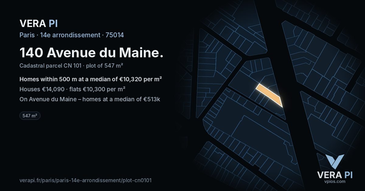 140 Avenue du Maine, 14e arrondissement at night – the plot lit, the parcels around coloured by the prices near them