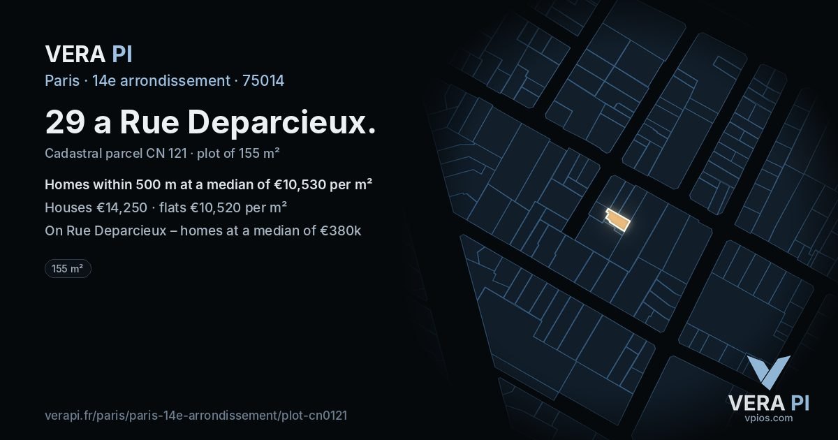 29 a Rue Deparcieux, 14e arrondissement at night – the plot lit, the parcels around coloured by the prices near them