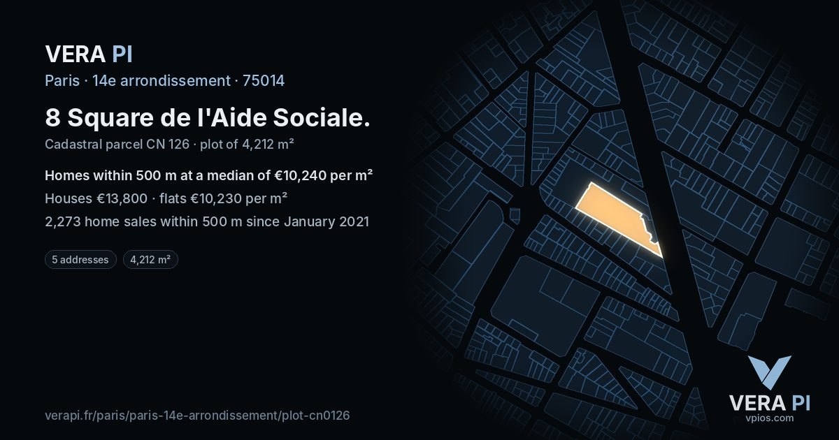 8 Square de l'Aide Sociale, 14e arrondissement at night – the plot lit, the parcels around coloured by the prices near them