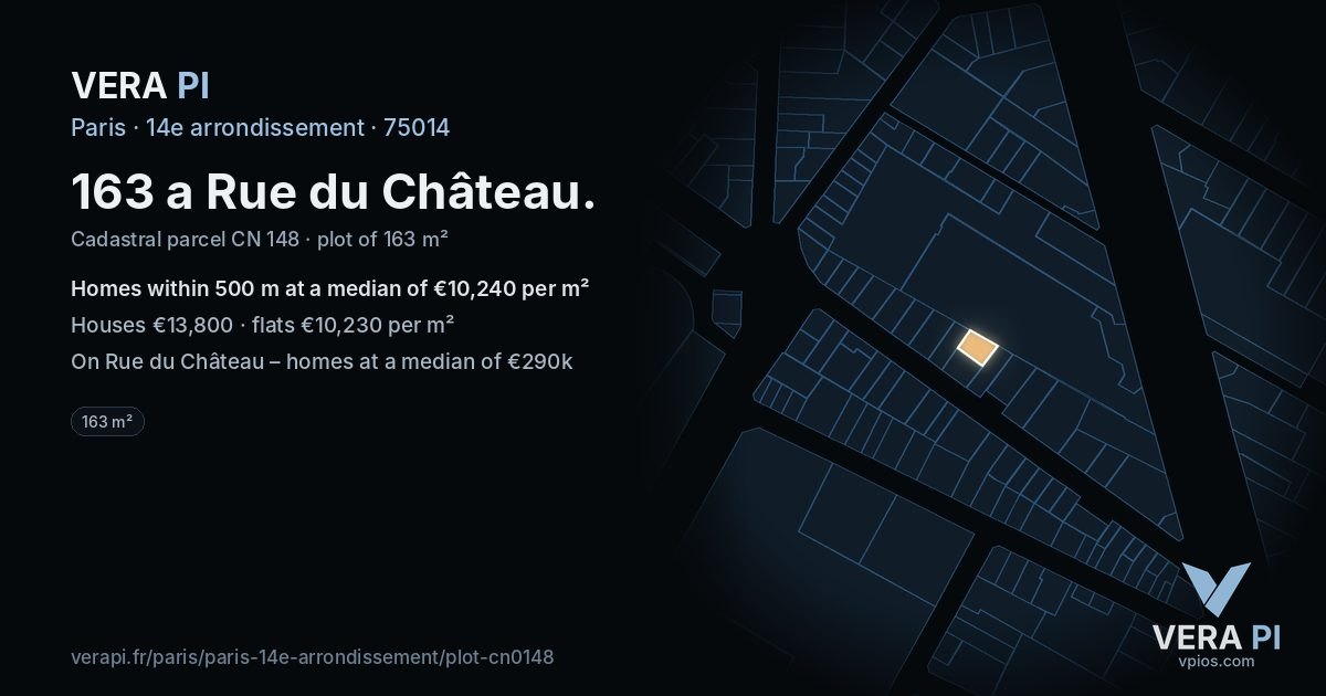 163 a Rue du Château, 14e arrondissement at night – the plot lit, the parcels around coloured by the prices near them