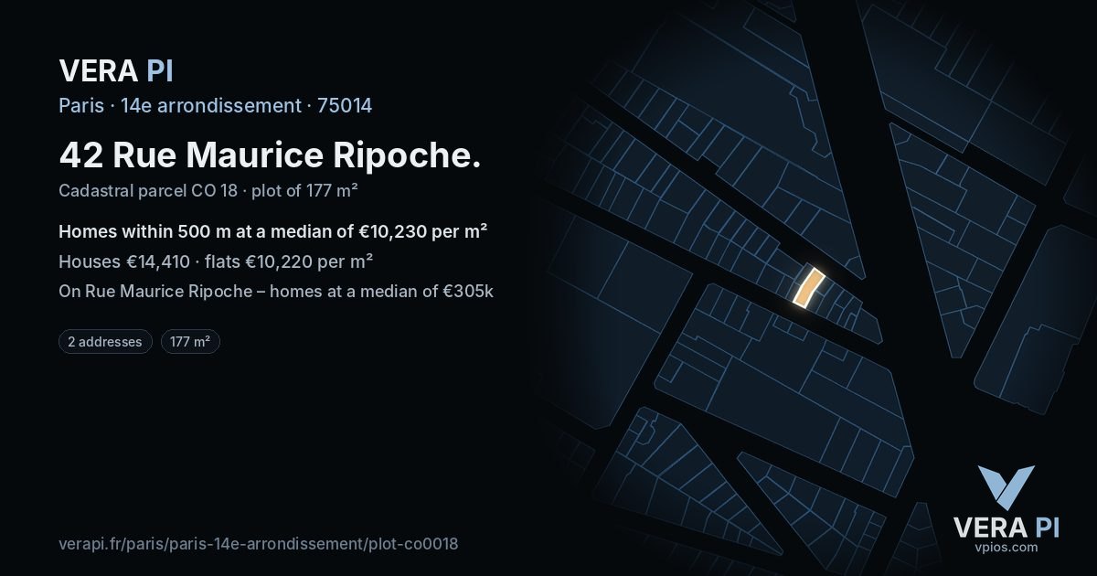 42 Rue Maurice Ripoche, 14e arrondissement at night – the plot lit, the parcels around coloured by the prices near them