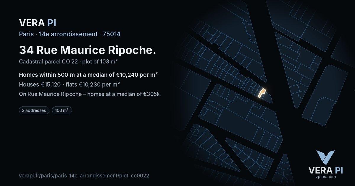 34 Rue Maurice Ripoche, 14e arrondissement at night – the plot lit, the parcels around coloured by the prices near them