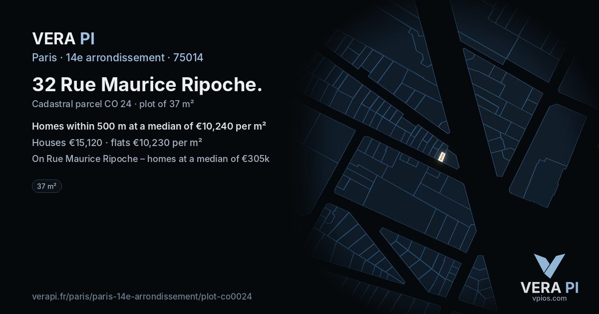 32 Rue Maurice Ripoche, 14e arrondissement at night – the plot lit, the parcels around coloured by the prices near them