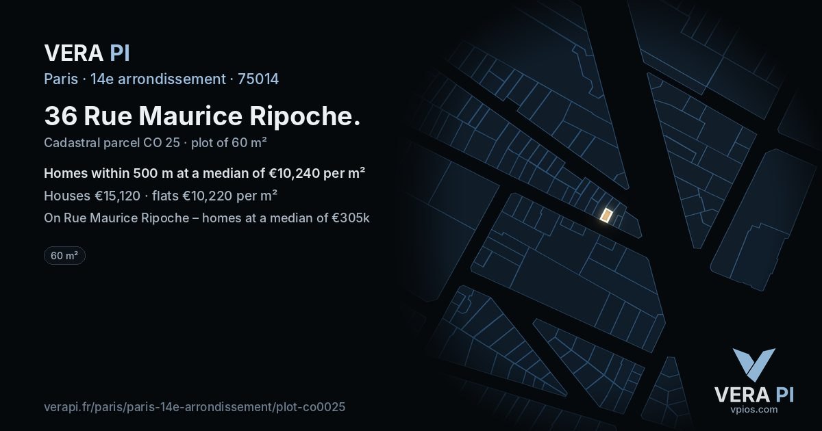 36 Rue Maurice Ripoche, 14e arrondissement at night – the plot lit, the parcels around coloured by the prices near them