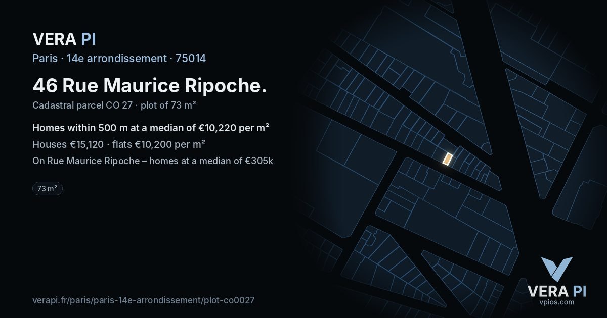 46 Rue Maurice Ripoche, 14e arrondissement at night – the plot lit, the parcels around coloured by the prices near them