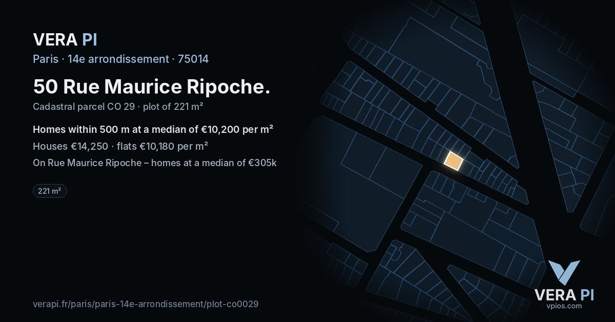 50 Rue Maurice Ripoche, 14e arrondissement at night – the plot lit, the parcels around coloured by the prices near them