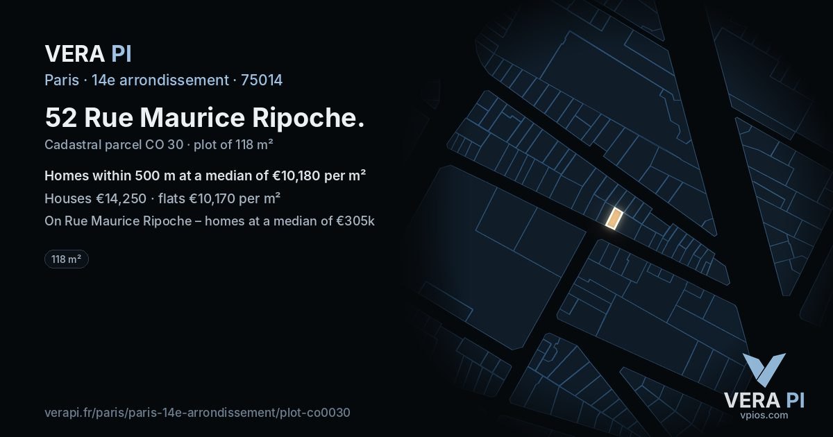 52 Rue Maurice Ripoche, 14e arrondissement at night – the plot lit, the parcels around coloured by the prices near them