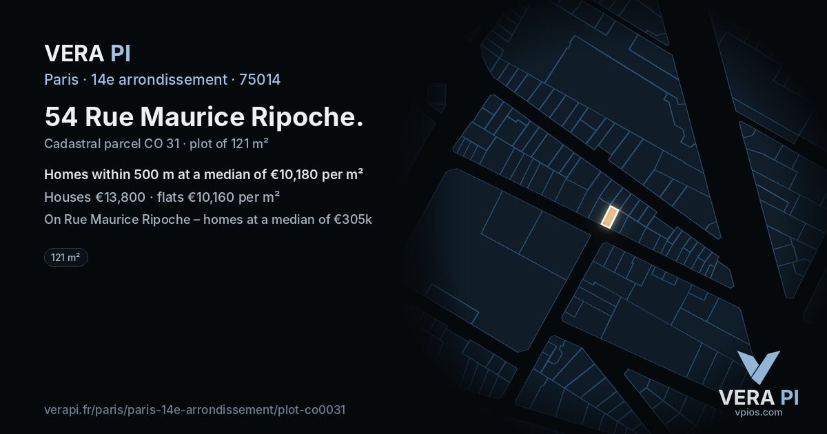 54 Rue Maurice Ripoche, 14e arrondissement at night – the plot lit, the parcels around coloured by the prices near them