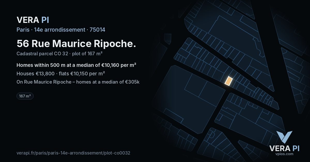 56 Rue Maurice Ripoche, 14e arrondissement at night – the plot lit, the parcels around coloured by the prices near them