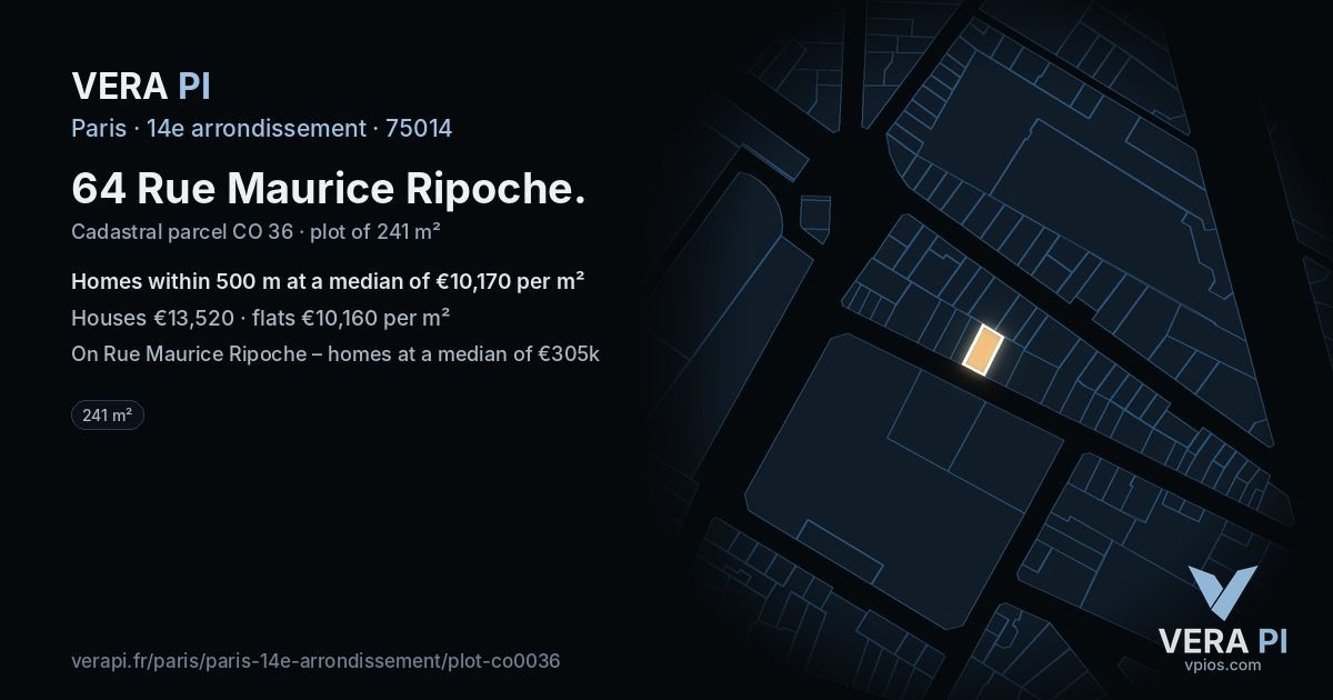 64 Rue Maurice Ripoche, 14e arrondissement at night – the plot lit, the parcels around coloured by the prices near them