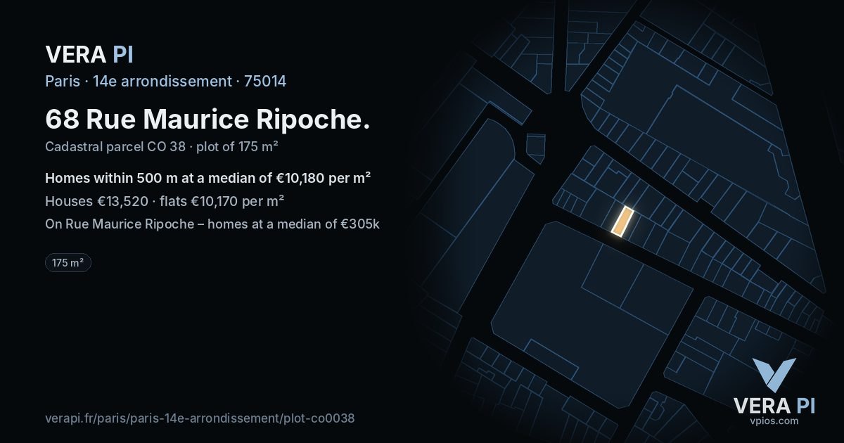 68 Rue Maurice Ripoche, 14e arrondissement at night – the plot lit, the parcels around coloured by the prices near them