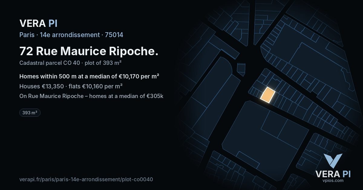 72 Rue Maurice Ripoche, 14e arrondissement at night – the plot lit, the parcels around coloured by the prices near them