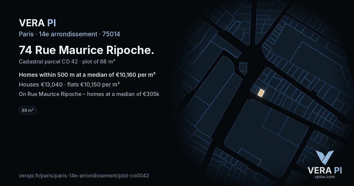 74 Rue Maurice Ripoche, 14e arrondissement at night – the plot lit, the parcels around coloured by the prices near them