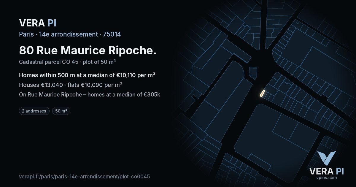 80 Rue Maurice Ripoche, 14e arrondissement at night – the plot lit, the parcels around coloured by the prices near them