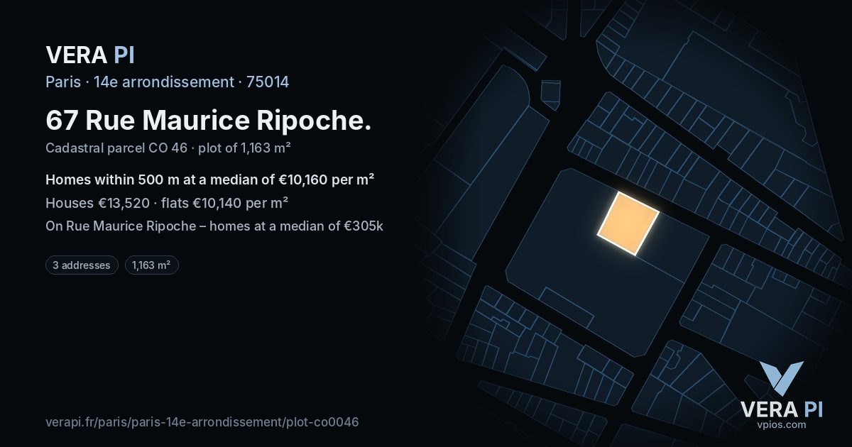 67 Rue Maurice Ripoche, 14e arrondissement at night – the plot lit, the parcels around coloured by the prices near them
