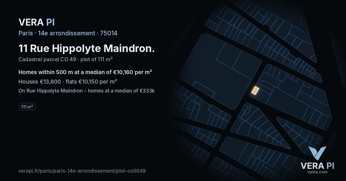 11 Rue Hippolyte Maindron, 14e arrondissement at night – the plot lit, the parcels around coloured by the prices near them