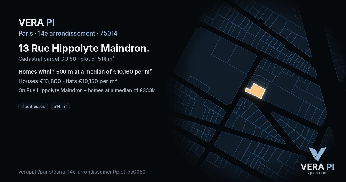 13 Rue Hippolyte Maindron, 14e arrondissement at night – the plot lit, the parcels around coloured by the prices near them