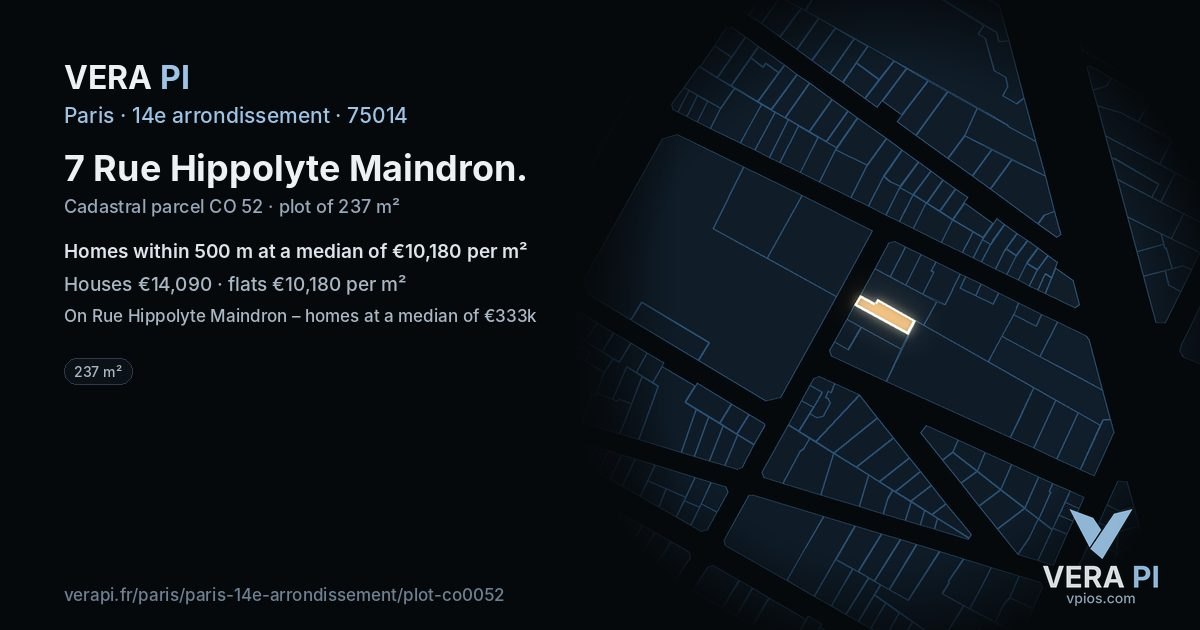 7 Rue Hippolyte Maindron, 14e arrondissement at night – the plot lit, the parcels around coloured by the prices near them